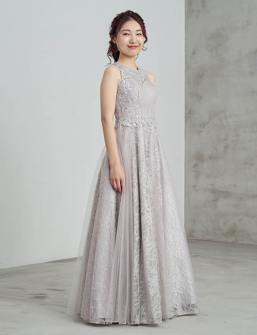 ロングドレス シルバーグレー アメリカンスリーブ チュールレース 演奏