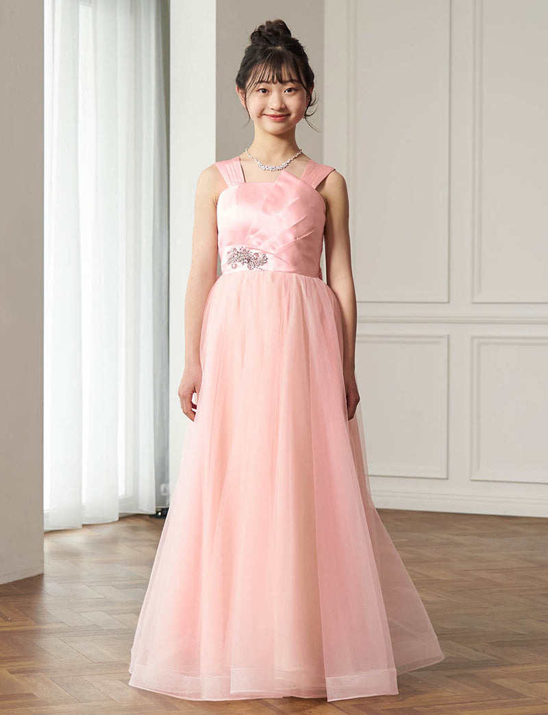 サテン×チュール ジュニアロングドレス シェルピンク・TWJ9507-SHPK