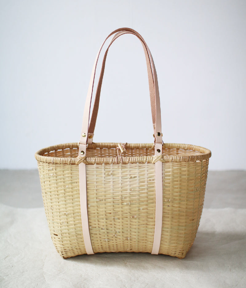 Japanese Bamboo Basket Tote with Leather Handles / Handcrafted in