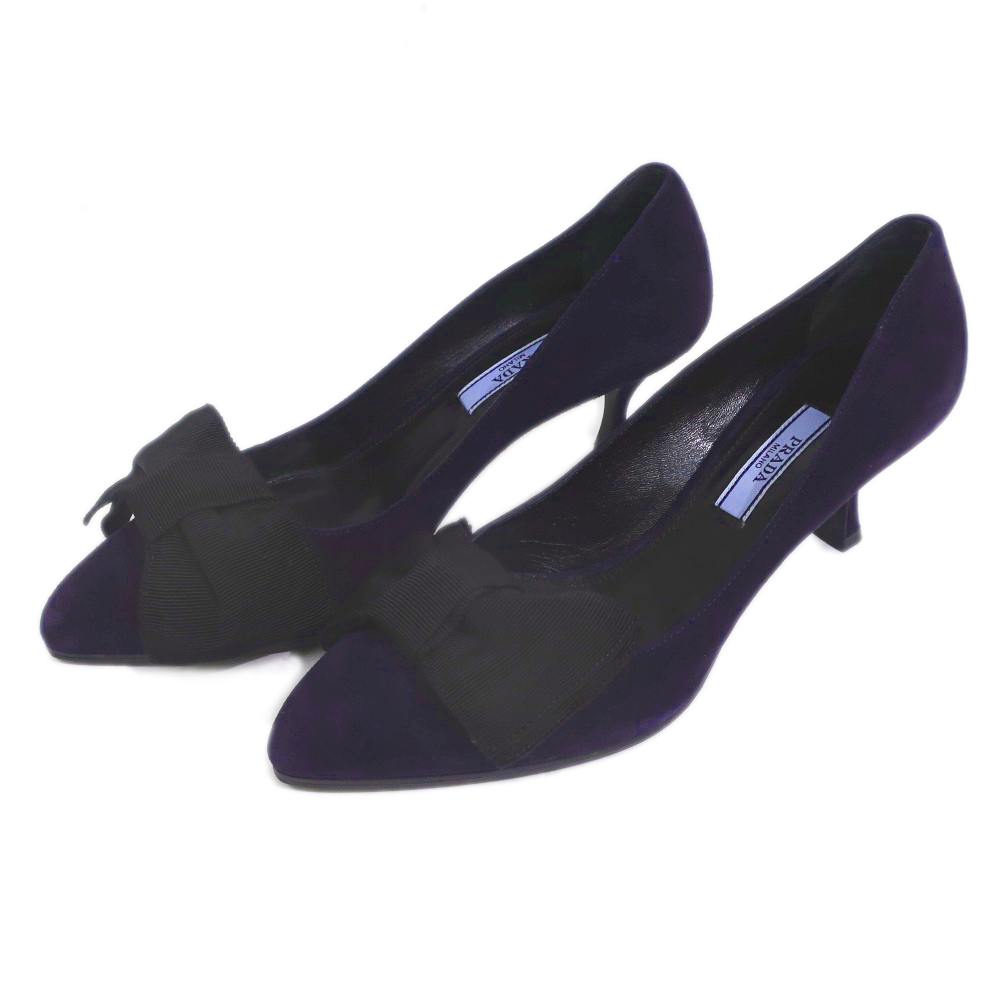 名東】【PRADA】プラダ リボン パンプス サイズ36 ダークネイビー