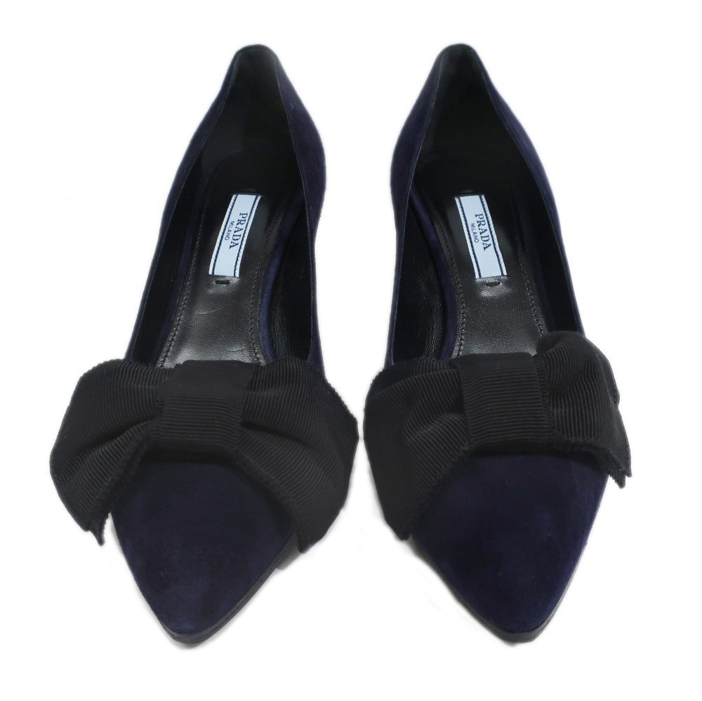 名東】【PRADA】プラダ リボン パンプス サイズ36 ダークネイビー