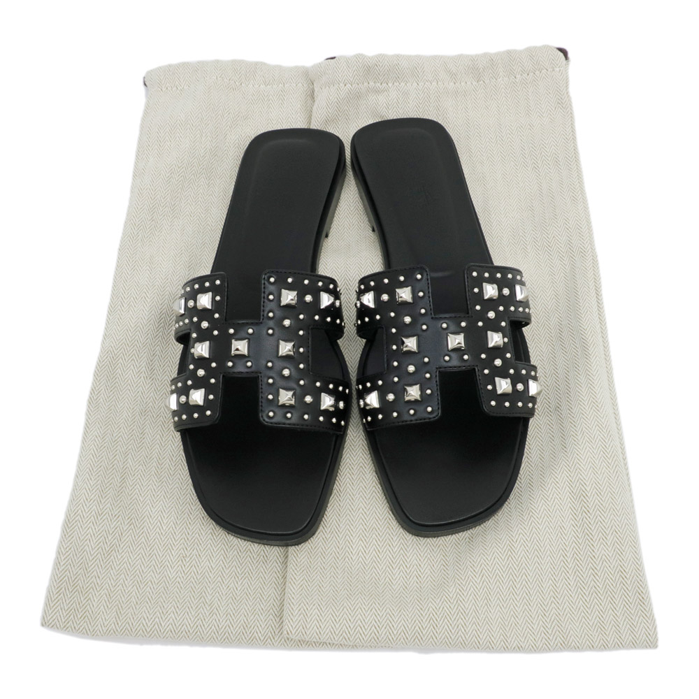 名東】【HERMES】エルメス オランスタッズ サンダル サイズ38 ブラック