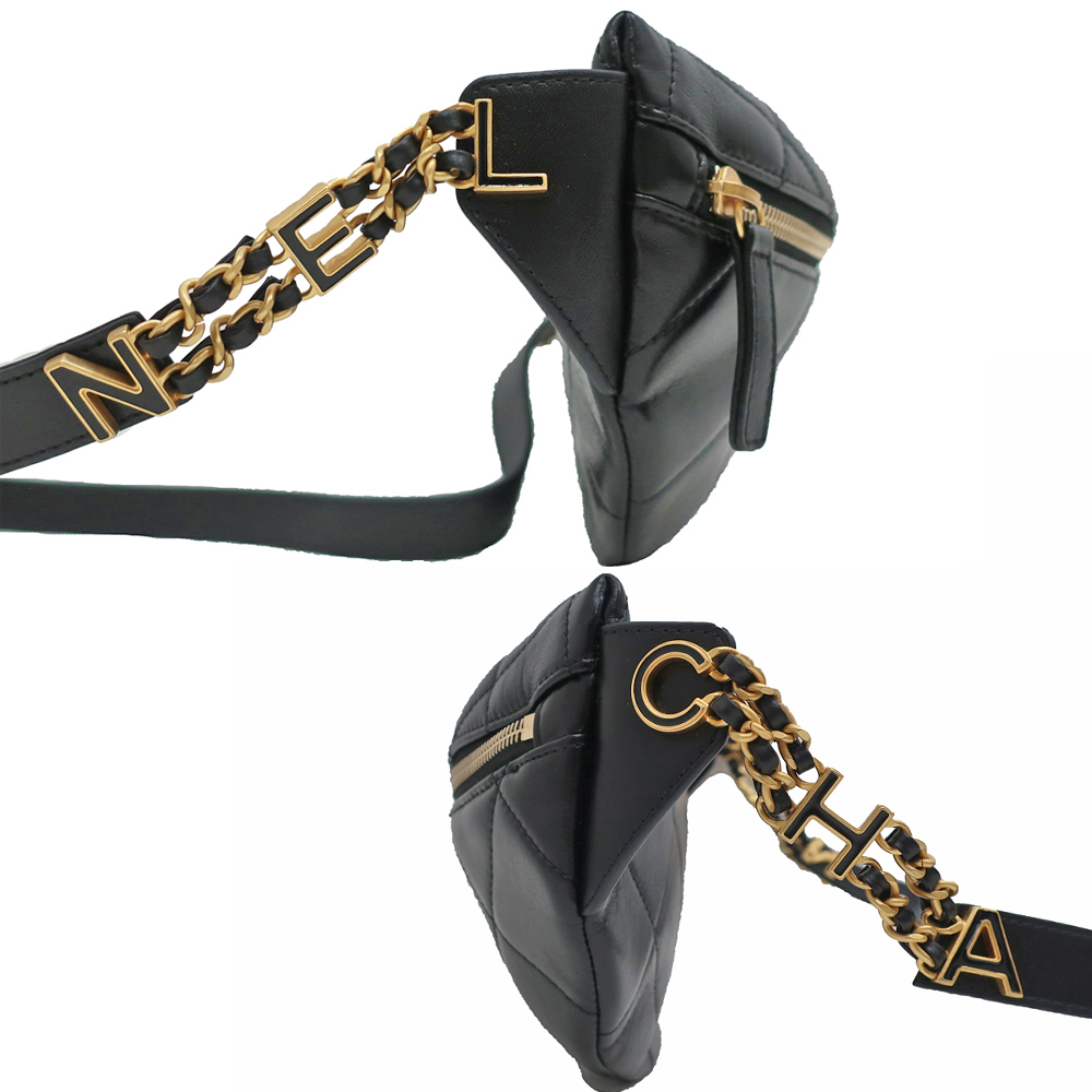 名東】【CHANEL】シャネル ウエストバッグ ラムスキン ブラック 黒