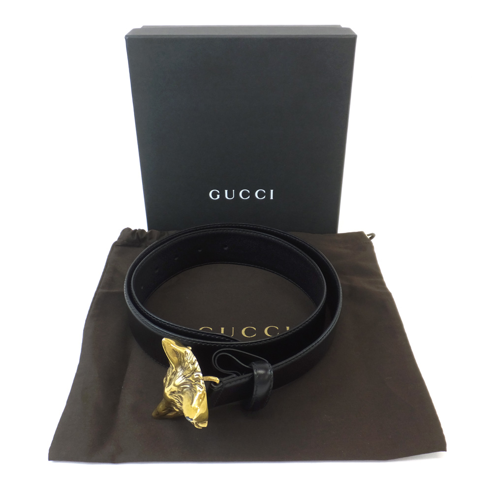天白】【GUCCI】グッチ レザーベルト オオカミモチーフバックル