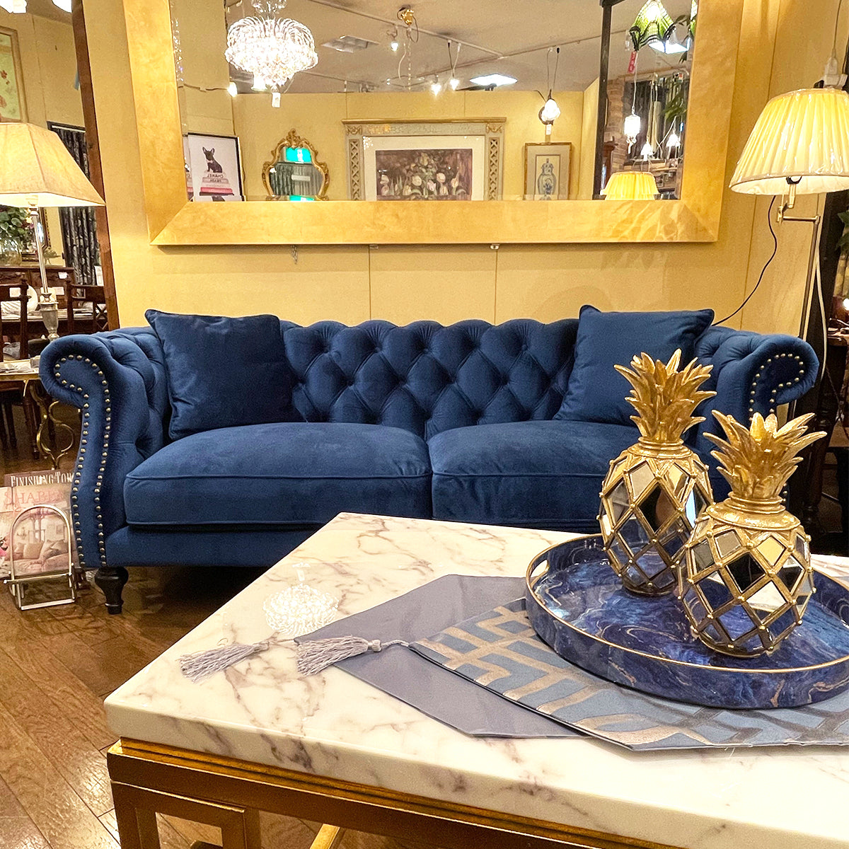 3人掛けソファ チェスターフィールド/大人カッコいいクラシックブルー