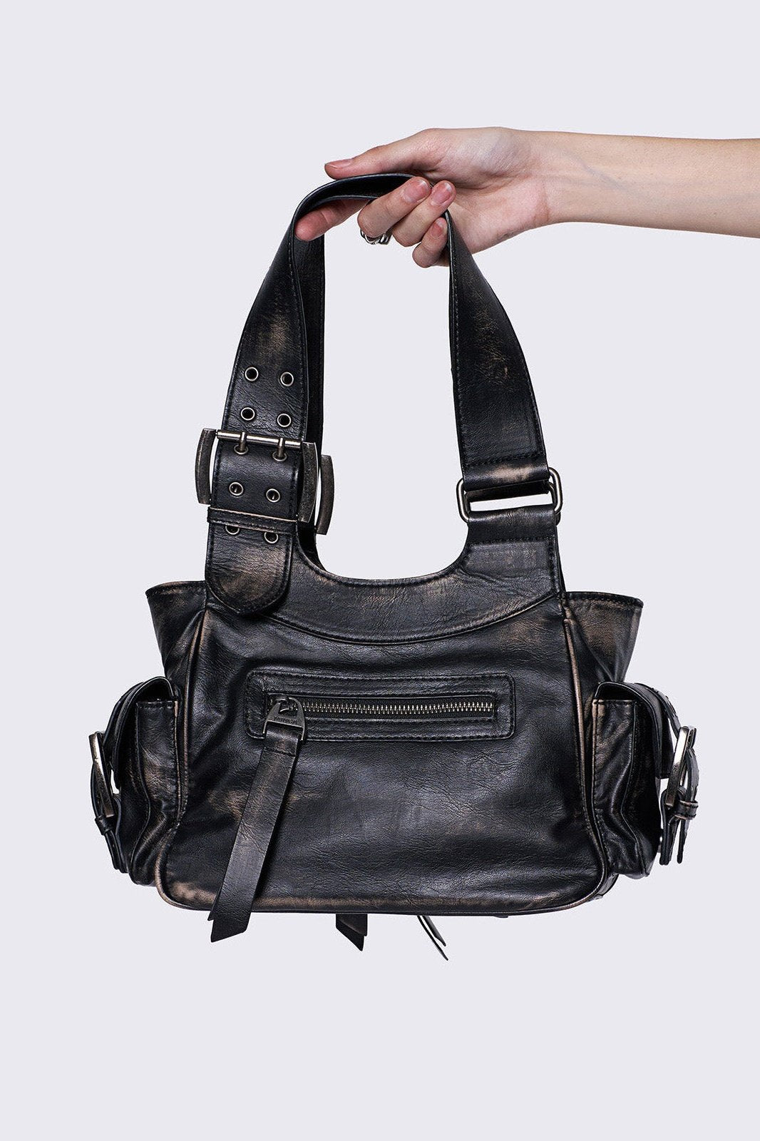Brown wash PU Leather Cargo Shoulder Bag with Buckle Details