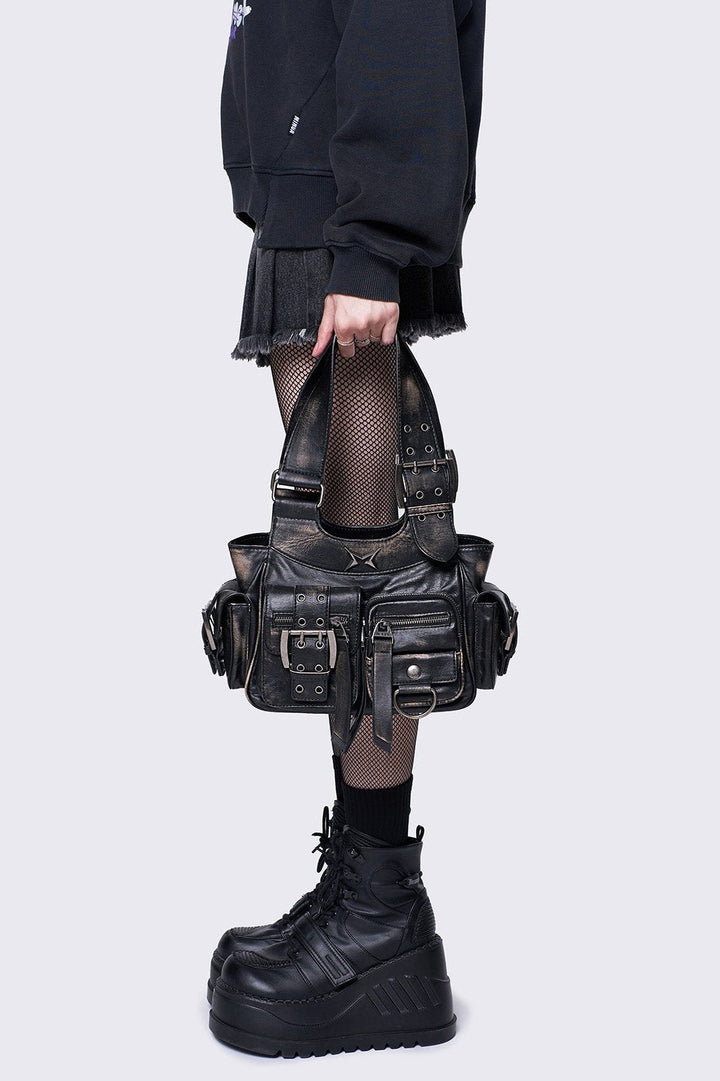 Brown wash PU Leather Cargo Shoulder Bag with Buckle Details