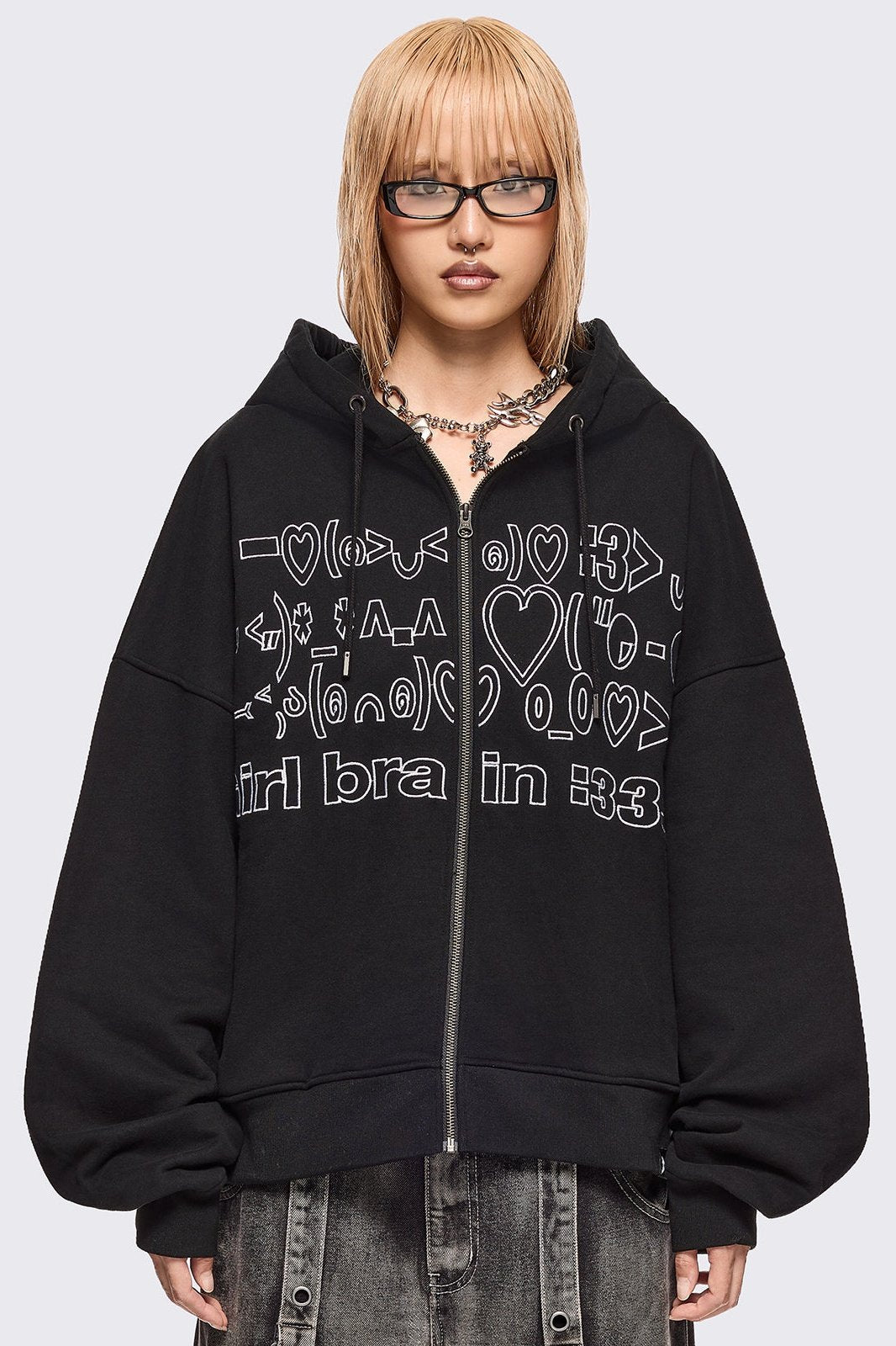 Oversized Graphic Zip Up Hoodie with Kaomoji Ascii Embroidery