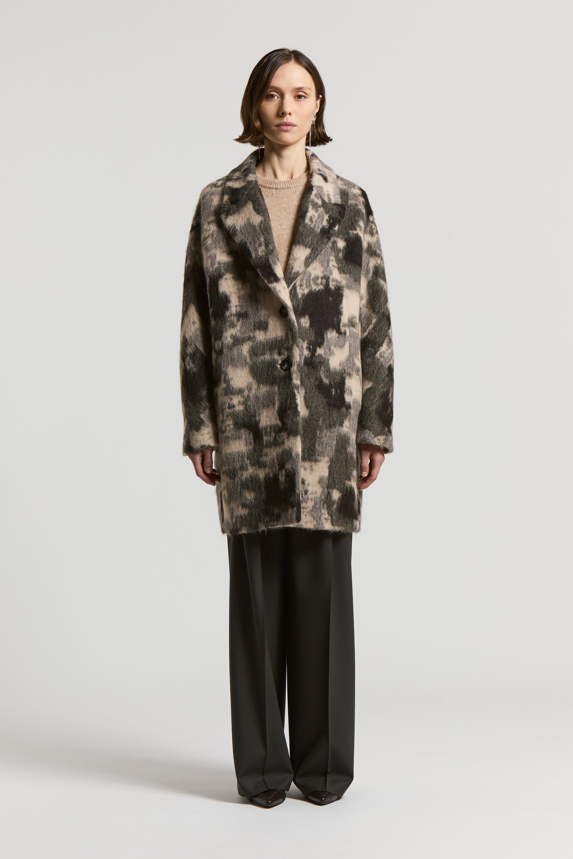 Camouflage midi coat in alpaca and jacquard wool | Peserico US