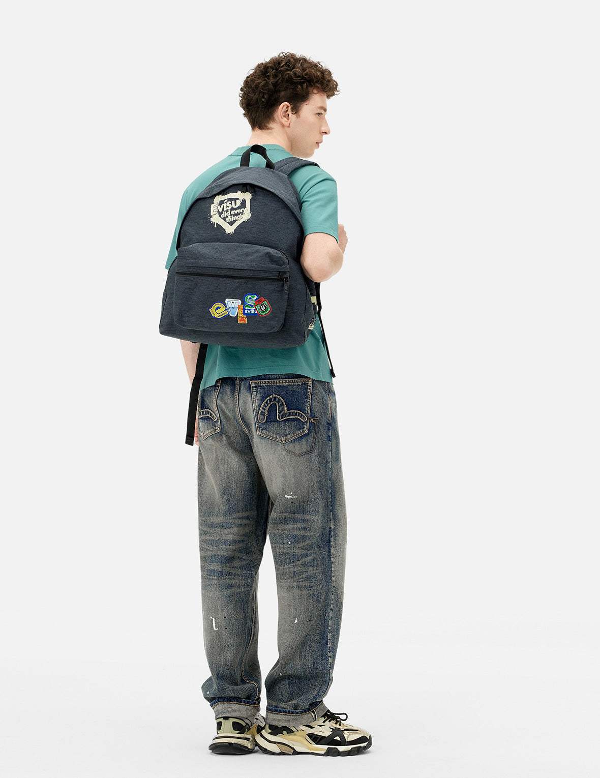 Faux Sticker Logo Print Denim Backpack – EVISU