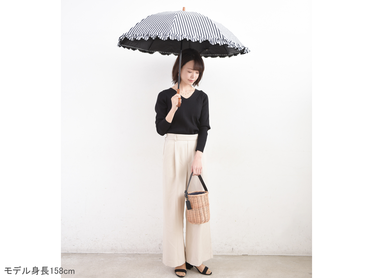 2段折 フリル / 白黒ストライプ | 完全遮光日傘｜サンバリア100