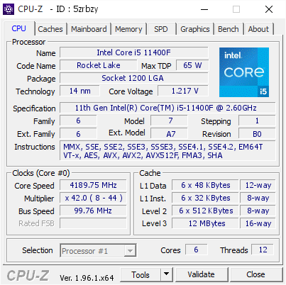 Intel Core i5 11400F @ 4189.75 MHz - CPU-Z VALIDATOR