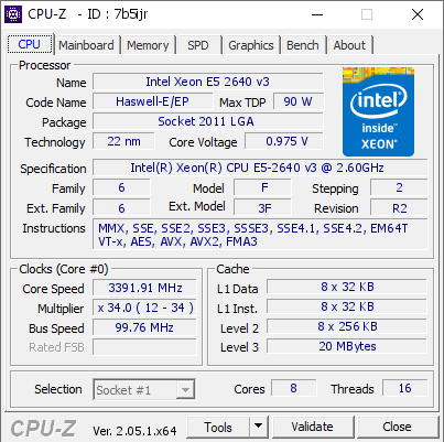 Intel Xeon E5 2640 v3 @ 3391.91 MHz - CPU-Z VALIDATOR