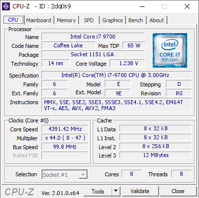 Intel Core i7 9700 @ 4391.42 MHz - CPU-Z VALIDATOR