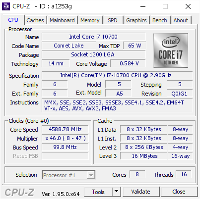 Intel Core i7 10700 @ 4588.78 MHz - CPU-Z VALIDATOR