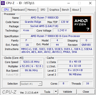 AMD Ryzen 7 9800X3D @ 5203.15 MHz - CPU-Z VALIDATOR