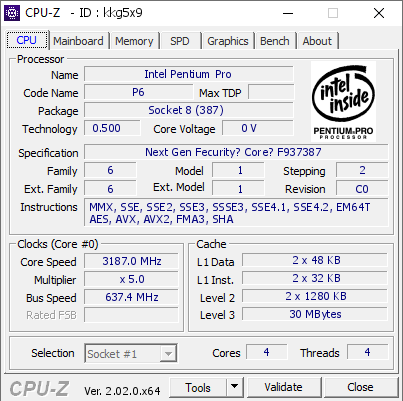 Intel Pentium Pro @ 3187 MHz - CPU-Z VALIDATOR