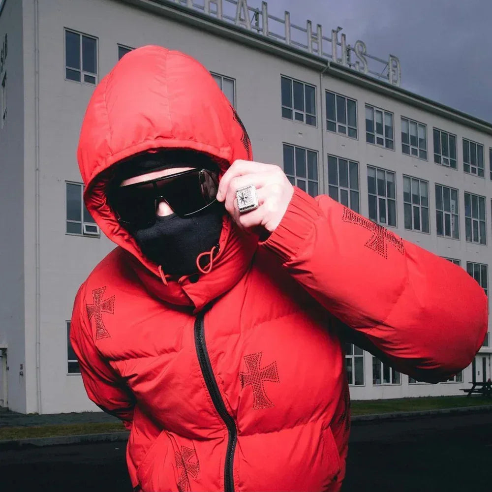 UNKNOWN LONDON Product Page - Cross Rhinestone Puffer Jacket - Red