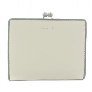 二つ折り財布 ウォレット がま口 ロゴ レザー バイカラー ベージュ 緑