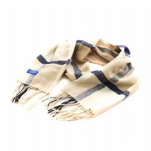 ウール カシミヤ チェック マフラー ストール フリンジ べージュ 紺