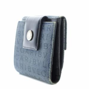 二つ折り財布 ロゴマニア Wホック デニム生地 レザー 青 ブルー（2024