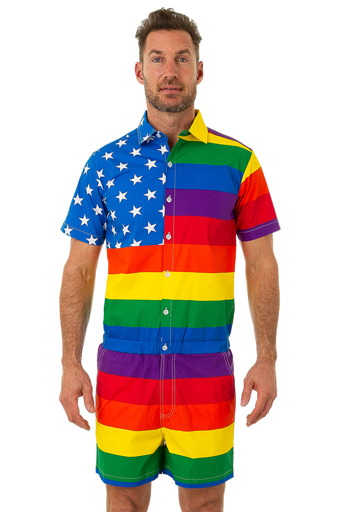 UZZI Men's Romper American Flag One Piece Casual USA Short Sleeve