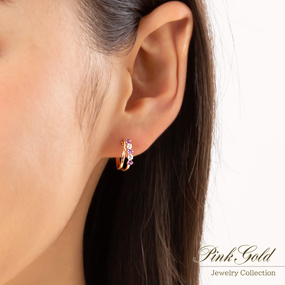 女性へのプレゼント K18PG アメジスト 2月誕生石 フープピアス 18金