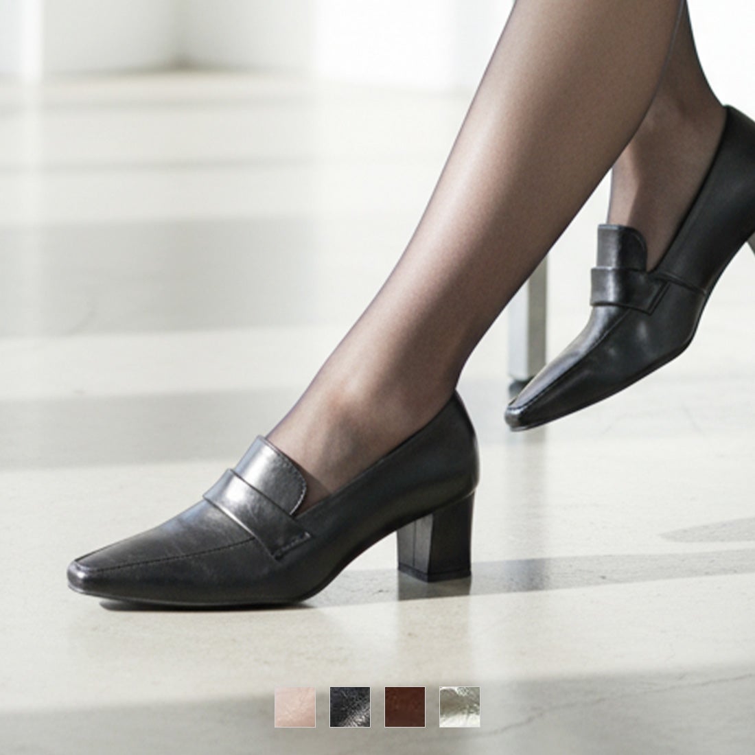 2026年春新色】スクエアトゥデザインヒールローファーパンプス ｜靴