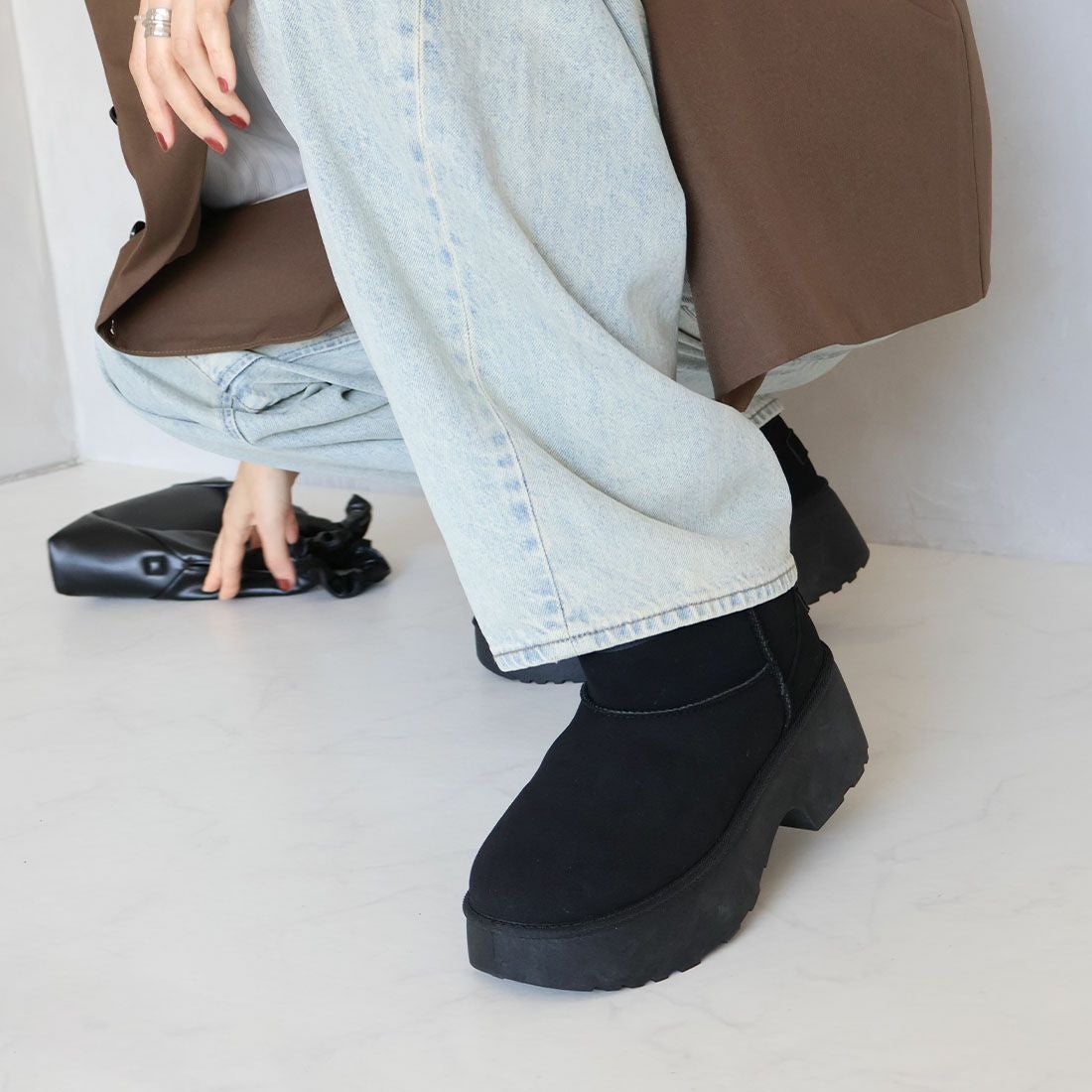 もふぽか厚底7cmチャンキーヒールムートンブーツ ｜靴・レディース