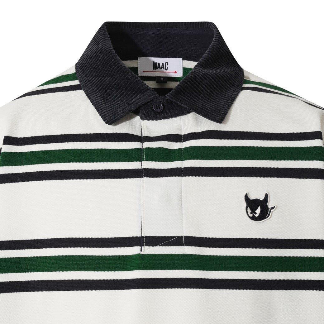 MEN ストライプパターンポロシャツ ダークグリーン