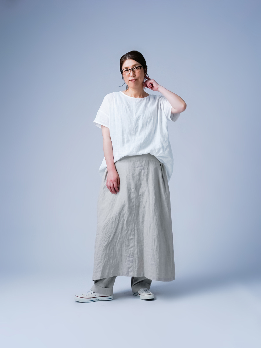リネントップス】ドロップショルダー 背中ギャザー リネンブラウス