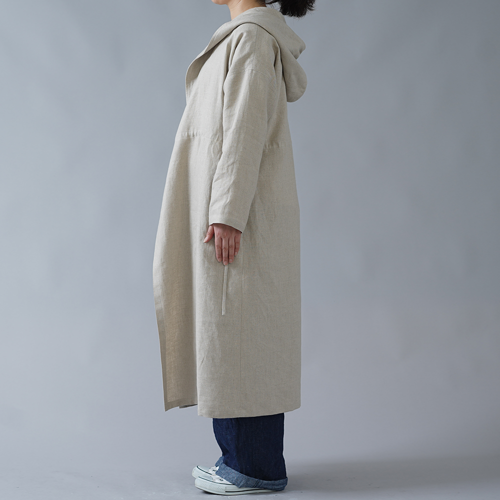 wafu】中厚 リネン カシュクール フードコート ロング丈 長袖