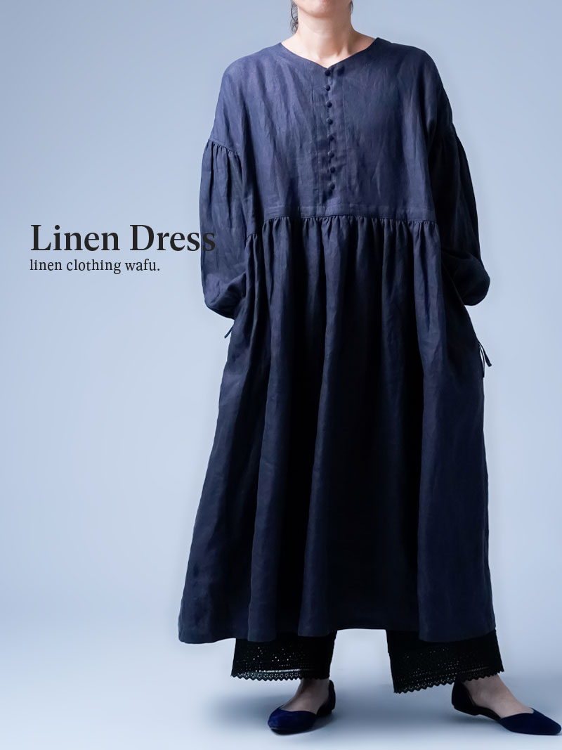 リネンドレス】ぷっくりかわいいくるみボタン ぽわん袖リネン