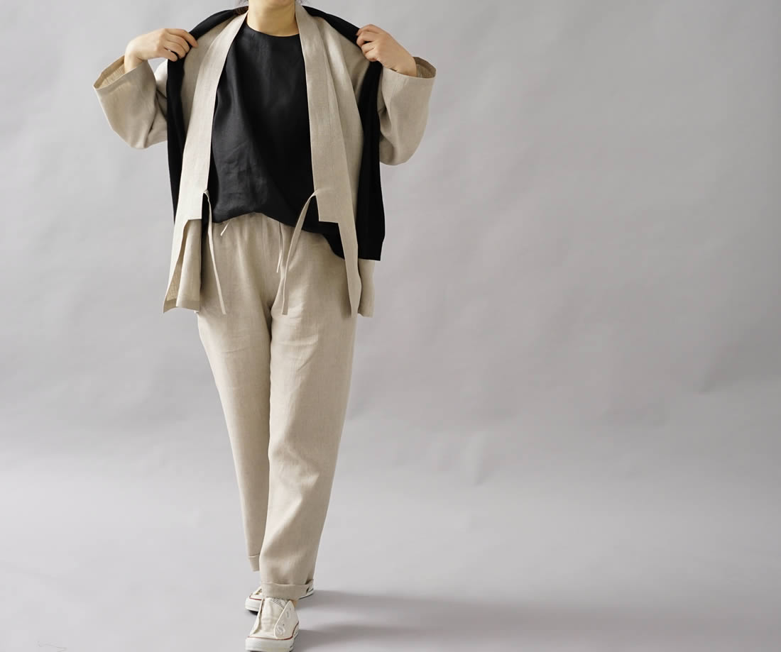 中厚 リネンパンツ 男女兼用 リネン ボトムス ウエストゴム & 内側紐