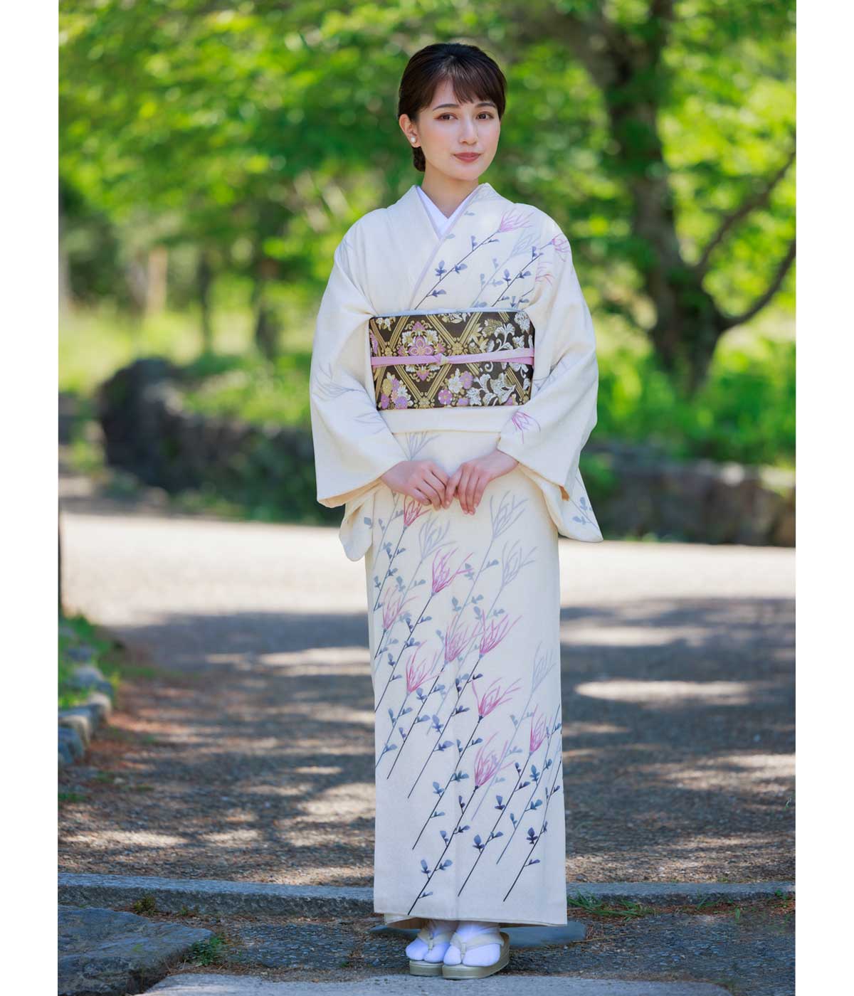 訪問着 きなり色地にさが菊 大村貞一作 京都 着物 レンタル｜和凛