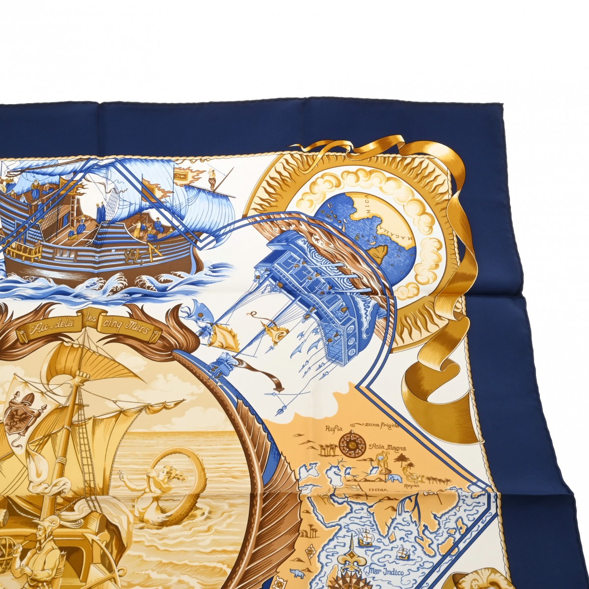 エルメス カレ90 Au-dela des cinq mers ブルー シルク100