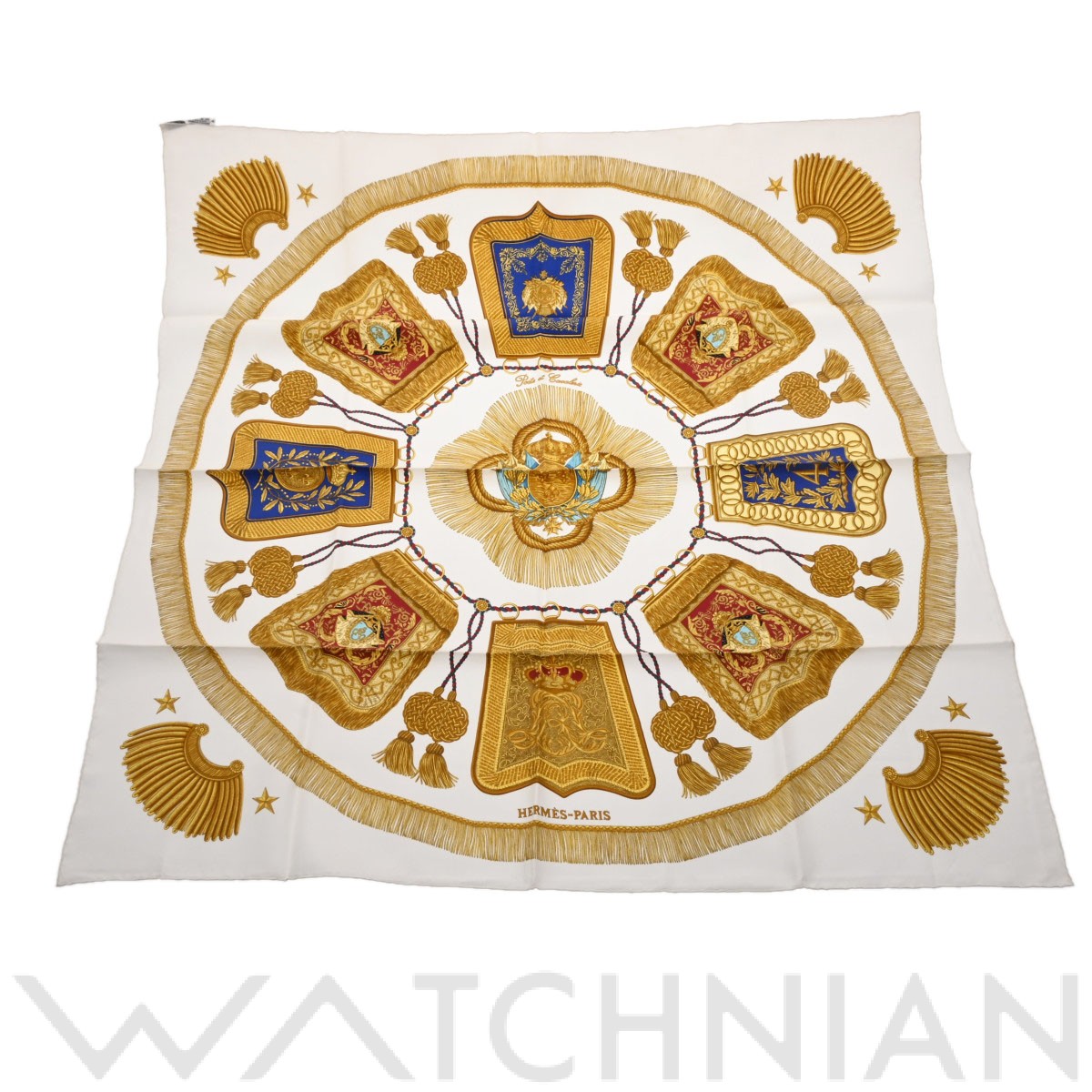 エルメス カレ 90 POSTE ET CAVALERIE ホワイト/ゴールド シルク100