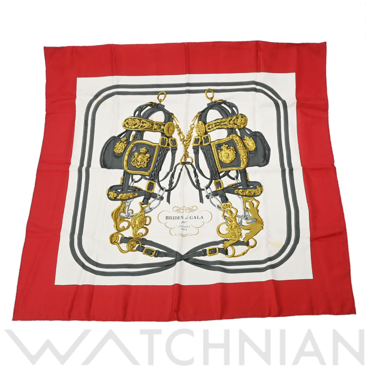 エルメス カレ 90 BRIDES DE GALA ホワイト/レッド シルク100