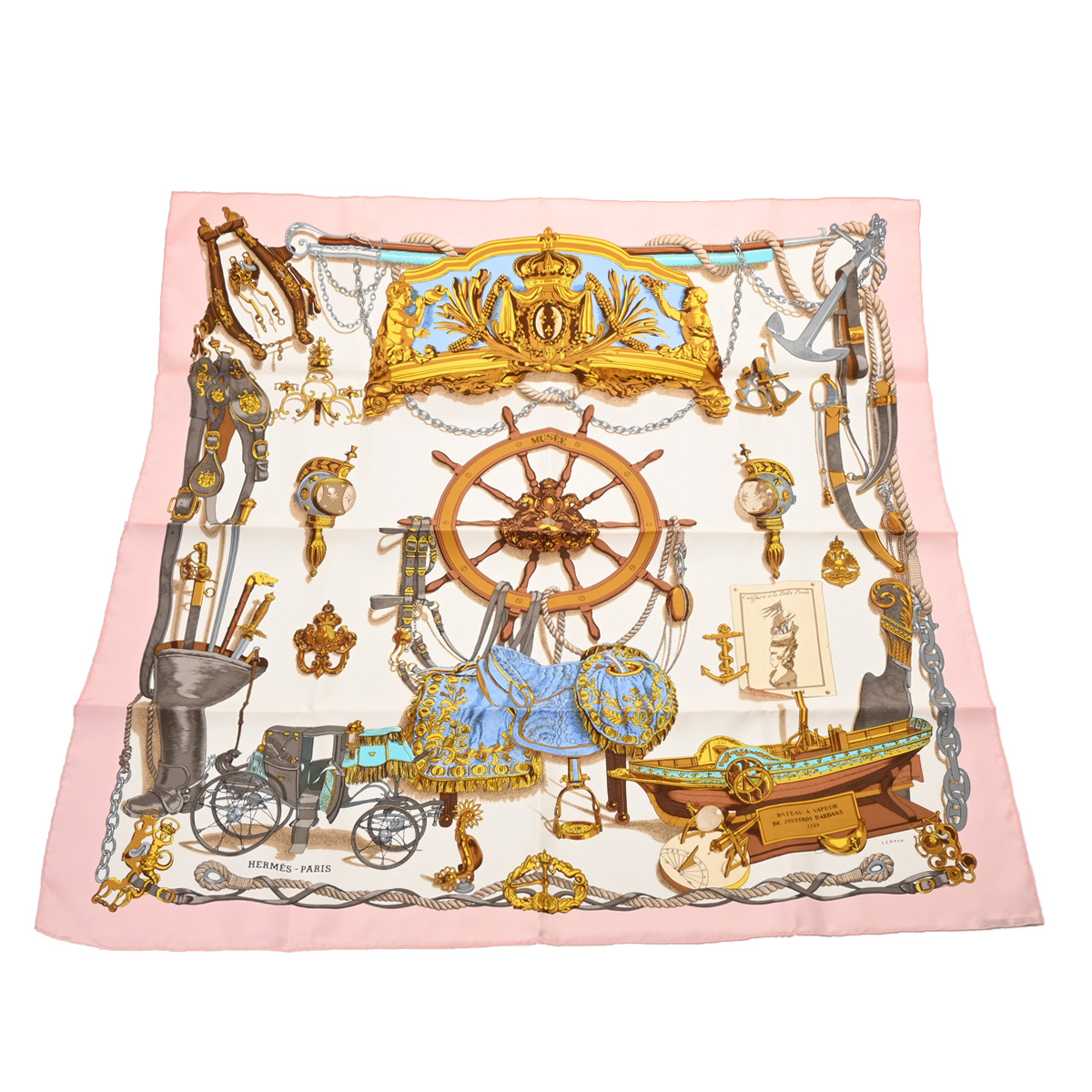 エルメス カレ90 MUSEE ホワイト/ピンク シルク100％ レディース