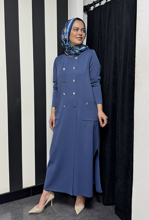 Miss Dalida Kruvaze Düğmeli Uzun Hırka İNDİGO | Studio Nish
