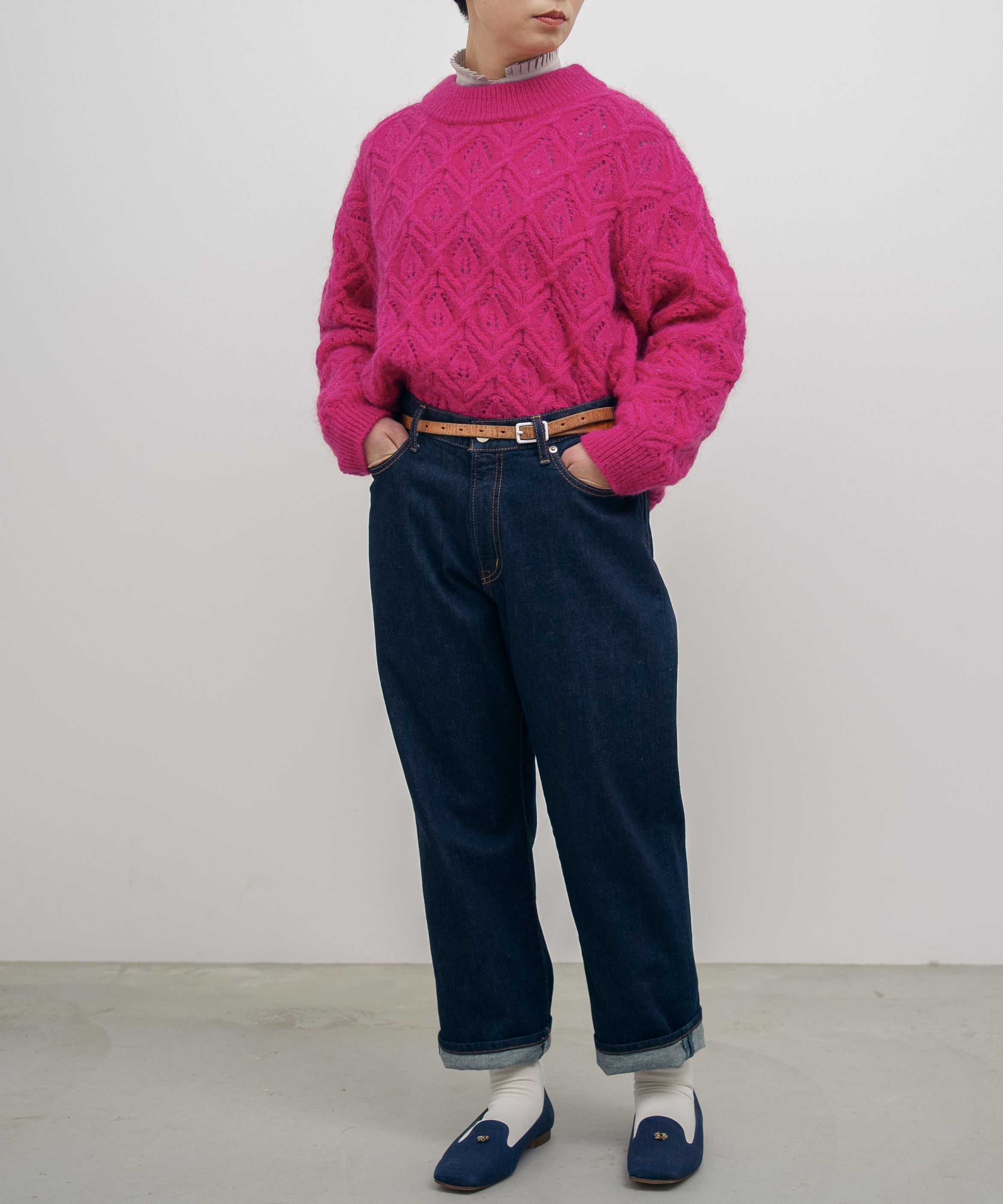 キッドモヘヤ×ウール×アルパカ×シルク〉リーフ模様編み セーター