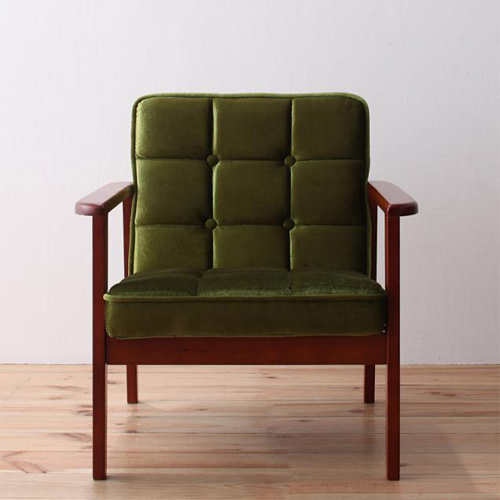 上品で味わい深いグリーン 木肘レトロソファ 1人掛けタイプの詳細