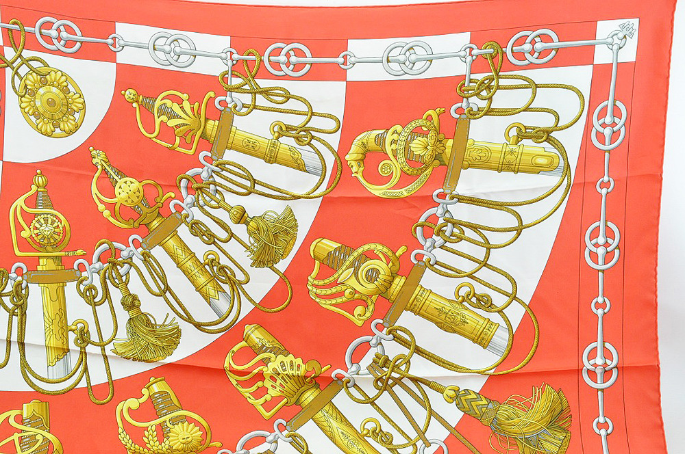 エルメス カレ スカーフ Cliquetis(剣柄) シルク オレンジ 90*90｜ここ