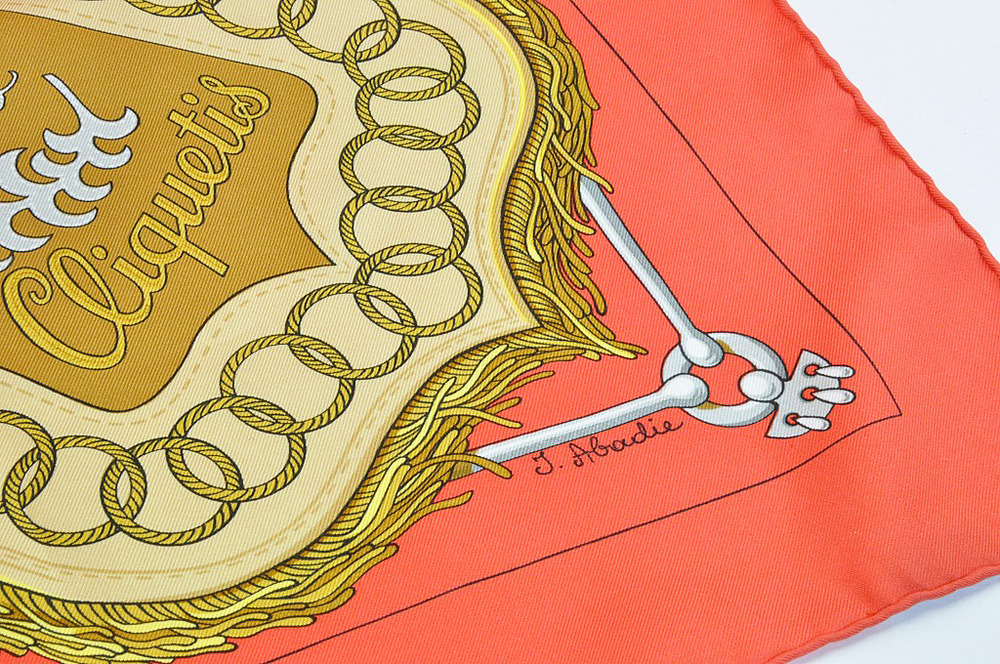 エルメス カレ スカーフ Cliquetis(剣柄) シルク オレンジ 90*90｜ここ