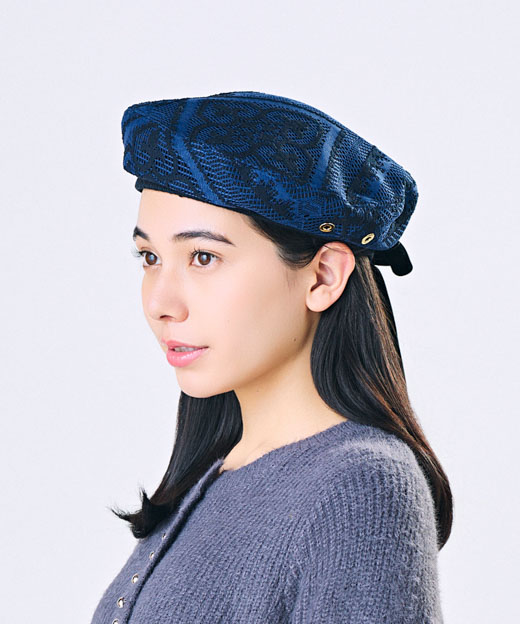 カシラ キャップ リボン 猫 宇宙 ジャガード 極美品 日本製 ネイビー