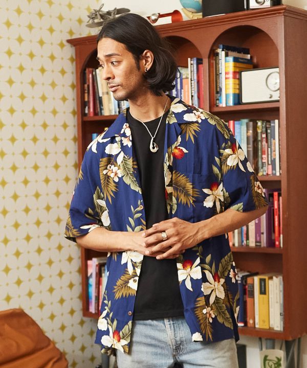 ハワイアンアロハメンズシャツ【TWO PALMS】(L NAVY): 『Kahiko(カヒコ