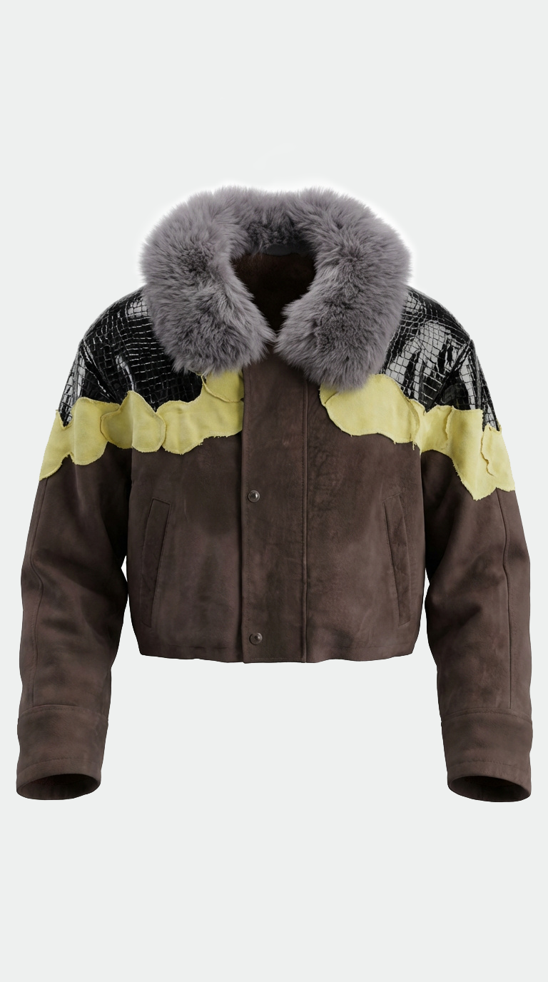 Upcycled Suede Cropped Jacket Croco Vinyl Denim Fur Collar