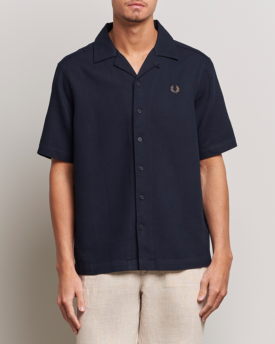 Fred Perry Woven Pique Short Sleeve Linen Shirt Navy at CareOfCarl.com