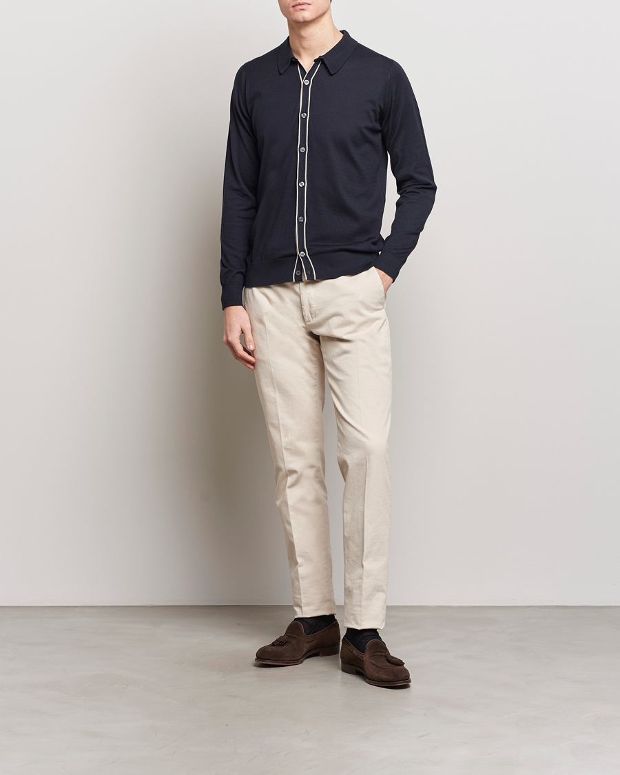John Smedley Shadow Tipped Sea Island Cotton Cardigan Navy at