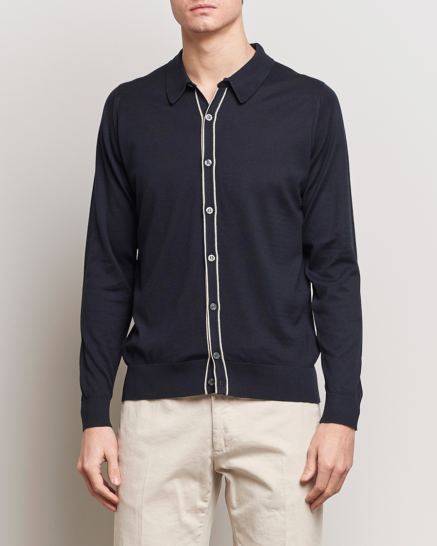 John Smedley Shadow Tipped Sea Island Cotton Cardigan Navy at